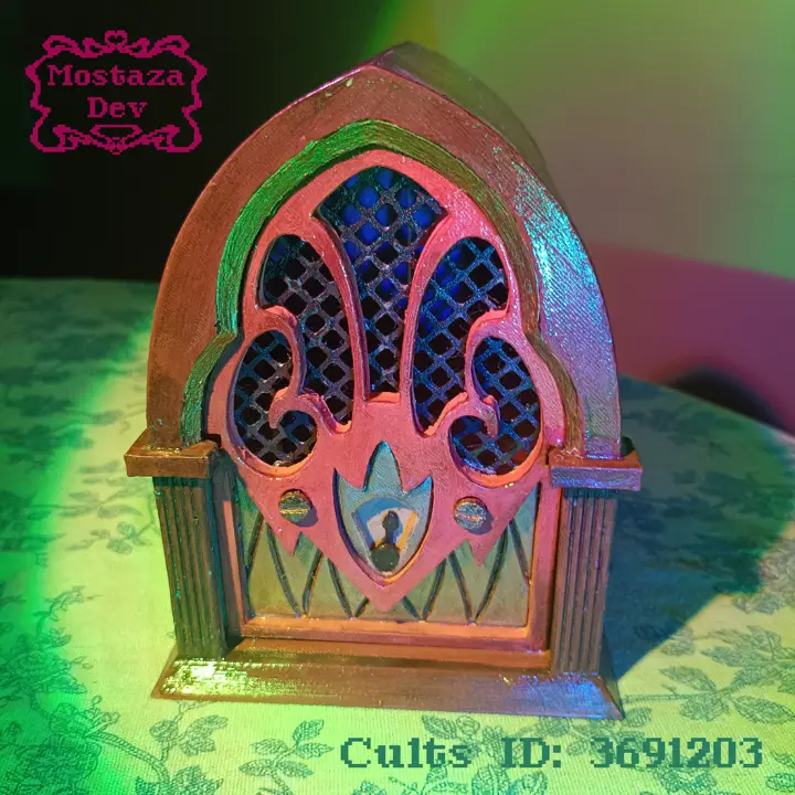 Fotografia de la radio de alastor, impresa en 3d y pintada en tonos rojizos