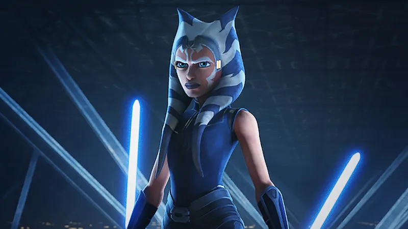 Imagen de ahsoka en la serie Clone Wars, es una mujer joven de piel roja con dos grandes crecimientos de carne que emulan cabello