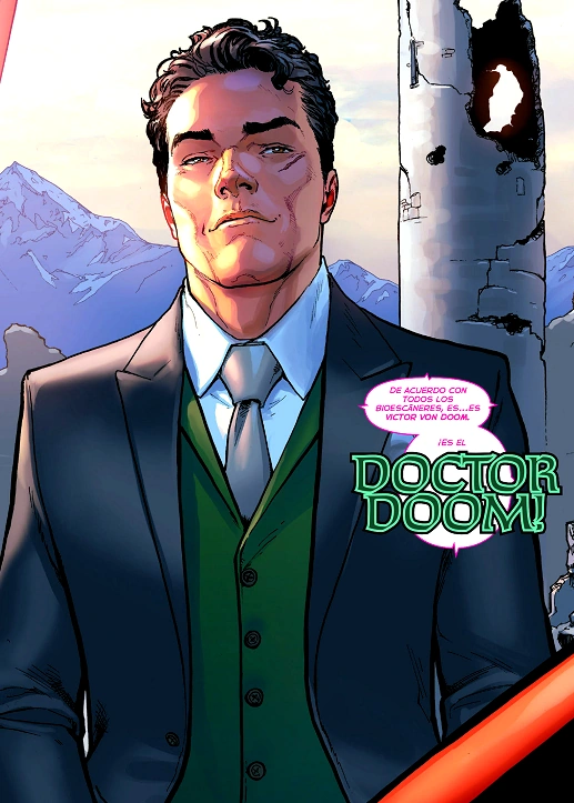Viñeta de comic, aparece Victor Doom vestido de traje negro con corbata verde.