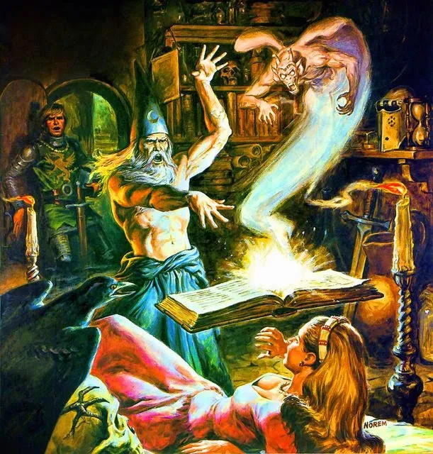 Pintura durisima de un mago sin camisa, su grimorio levita sobre una mujer acostada y asustada, del libro sale un pequeño demonio alado, un caballaro observa la escena sorprendido