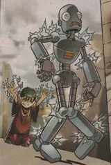 Escaneo en pesima resolucion de un panel de comic de Sonic, se muestra a Regina de niña controlando un robot de acero.