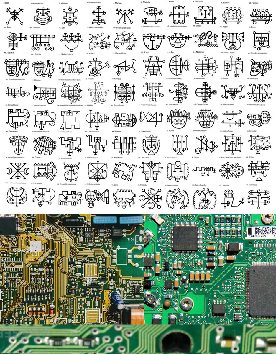 Dos imagenes, una de sigilos goetia y otra de circuitos.