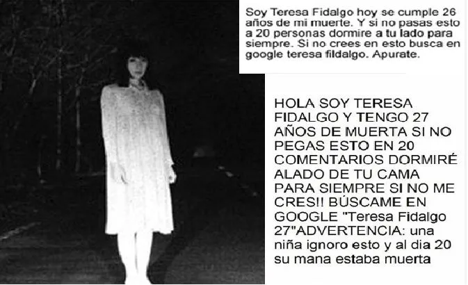 Foto en blanco y negro de una chica con un vestido corto parada en la carretera, solia compartirse junto con la cadena de Teresa Fildalgo.